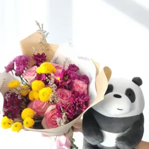 Bouquet de Rosas Rosadas con Peluche Amarillo para Dar la Bienvenida a Niña en Cali